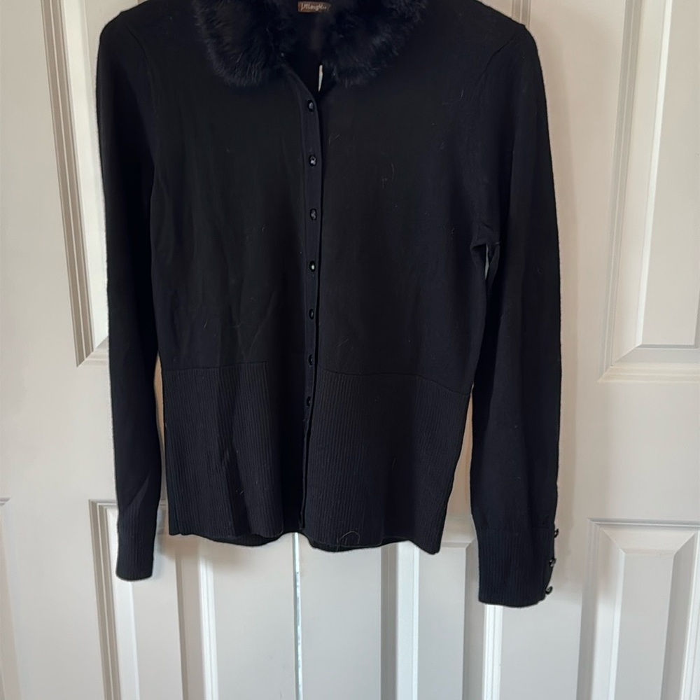 NWT J. McLaughlin Black Cardigan with Removable Rabbit Fur Collar